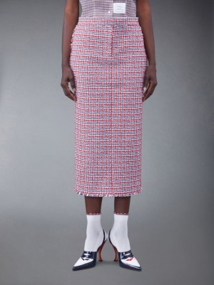 Thom Browne Check Summer Tweed Fray Maxi Low Rise Pencil Röcke Damen Weiß | JKR18L42271