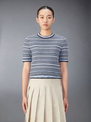 Thom Browne Cotton Linen Tweed Jacquard T-shirts Damen Blau | EGV69B83806