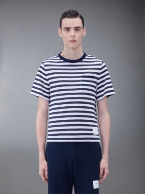 Thom Browne Linen Jersey Short Sleeve Striped Pocket T-shirts Herren Blau | MQQ83D75018