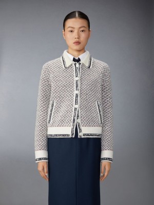 Thom Browne Merino Wool Boucle and Mohair Tweed Jacquard Polo Collar Bomber Jacken Damen Weiß | UVL84H48980