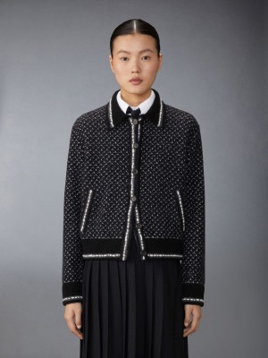 Thom Browne Merino Wool Boucle and Mohair Tweed Jacquard Polo Collar Bomber Jacken Damen Schwarz | BGC92F37532