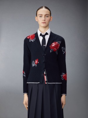 Thom Browne Merino Wool Brushed Rose Strickjacke Damen Blau | JCU64Y42512
