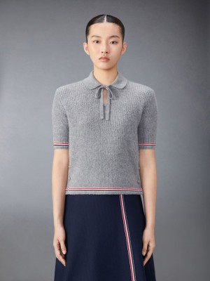 Thom Browne Merino Wool Brushed Tuck Stitch Keyhole Poloshirt Damen Grau | QDW59R68554