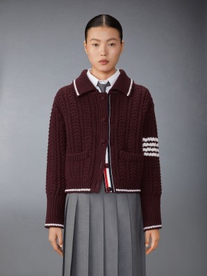 Thom Browne Merino Wool Chunky Links Stitch 4-Bar Polo Cardigan Jacken Damen Rot | OVB31B06109