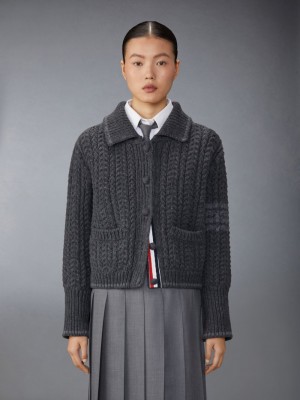 Thom Browne Merino Wool Chunky Links Stitch 4-Bar Polo Cardigan Jacken Damen Grau | UJR64I38210