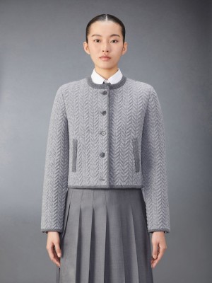 Thom Browne Merino Wool Herringbone Quilted Cropped Cardigan Jacken Damen Grau | CJX80Y54081