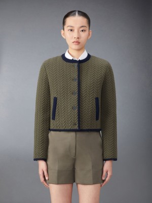 Thom Browne Merino Wool Herringbone Quilted Cropped Cardigan Jacken Damen Grün | DCR68W67925