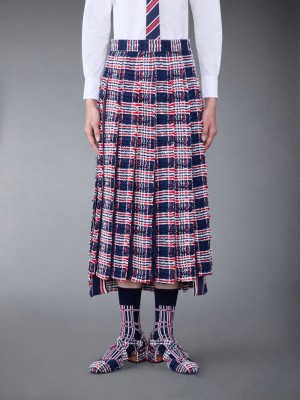 Thom Browne Prince of Wales Check Frayed Chenille Tweed Pleated Röcke Damen Blau | EPC73J24463