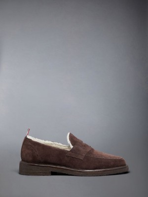 Thom Browne Suede Crepe Sole Shearling Penny Halbschuhe Herren Braun | DOR27T20449