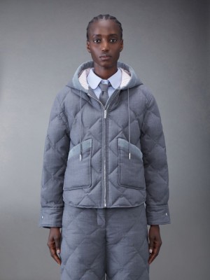 Thom Browne Super 120's Twill Down Hooded Patch Pocket Jacken Damen Grau | MJM80X75275