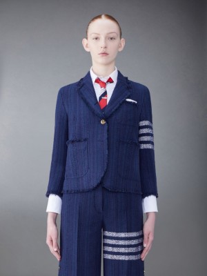 Thom Browne Tweed Fray 4-Bar Cropped Sack Jacken Damen Blau | KWM59U32428