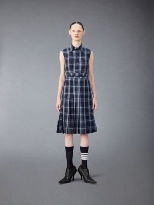 Thom Browne Wool Linen Midi Belted Kleid Damen Blau | QNU63G18583