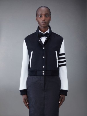 Thom Browne Zibeline Cashmere Leather Sleeve Cropped Varsity Jacken Damen Schwarz | AKS03B62786