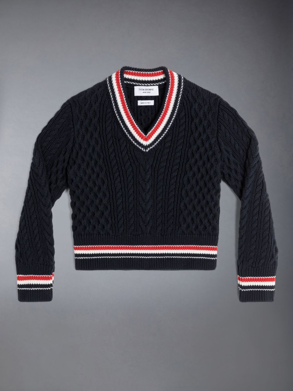 Thom Browne ARAN CABLE CRICKET STRIPE V-NECK Pullover Mädchen Blau | FQH03N98709