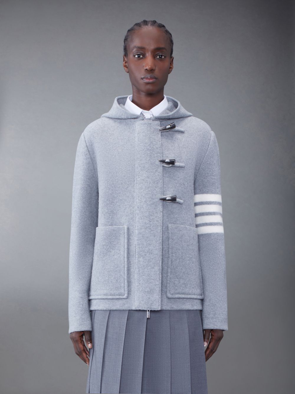 Thom Browne Boiled Wool 4-Bar Hooded Duffle Jacken Damen Grau | QNW51T64781
