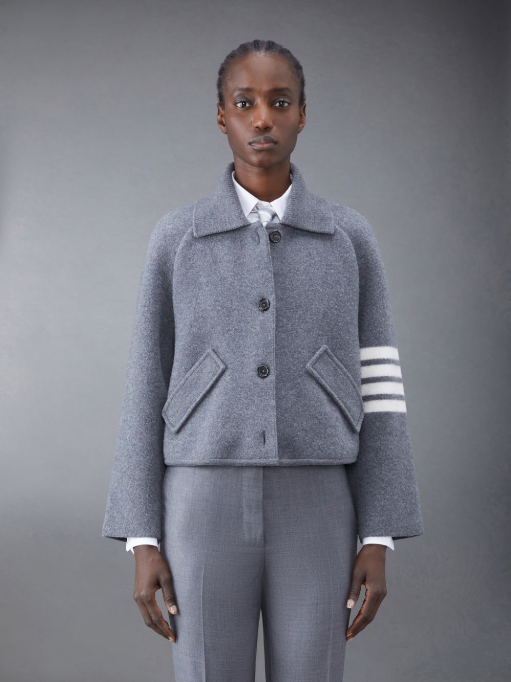 Thom Browne Boiled Wool Milano 4-Bar Cropped Car Mäntel Damen Grau | LRL83I31524