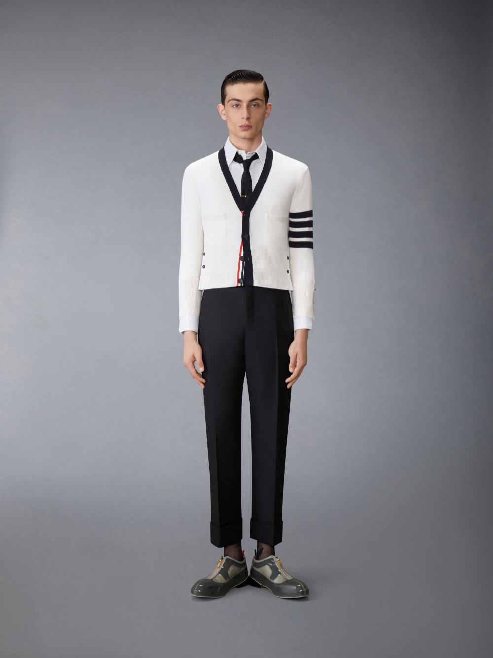 Thom Browne Cashmere Nevermore Intarsia 4-Bar Classic Short Strickjacke Herren Weiß | GDQ49J80558