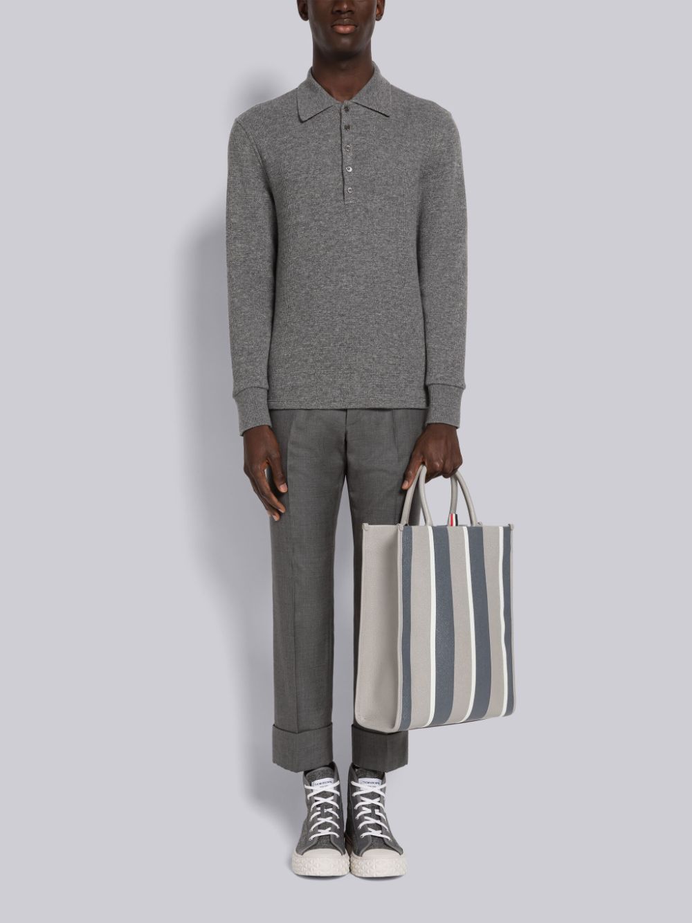 Thom Browne Cashmere Waffle Long Sleeve Poloshirt Herren Grau | GOE40E73659