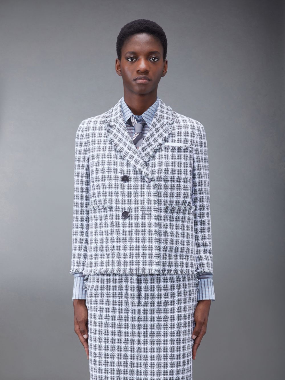 Thom Browne Check Summer Tweed Fray Cropped Sack Sport Mäntel Damen Grau | LMK22X31517