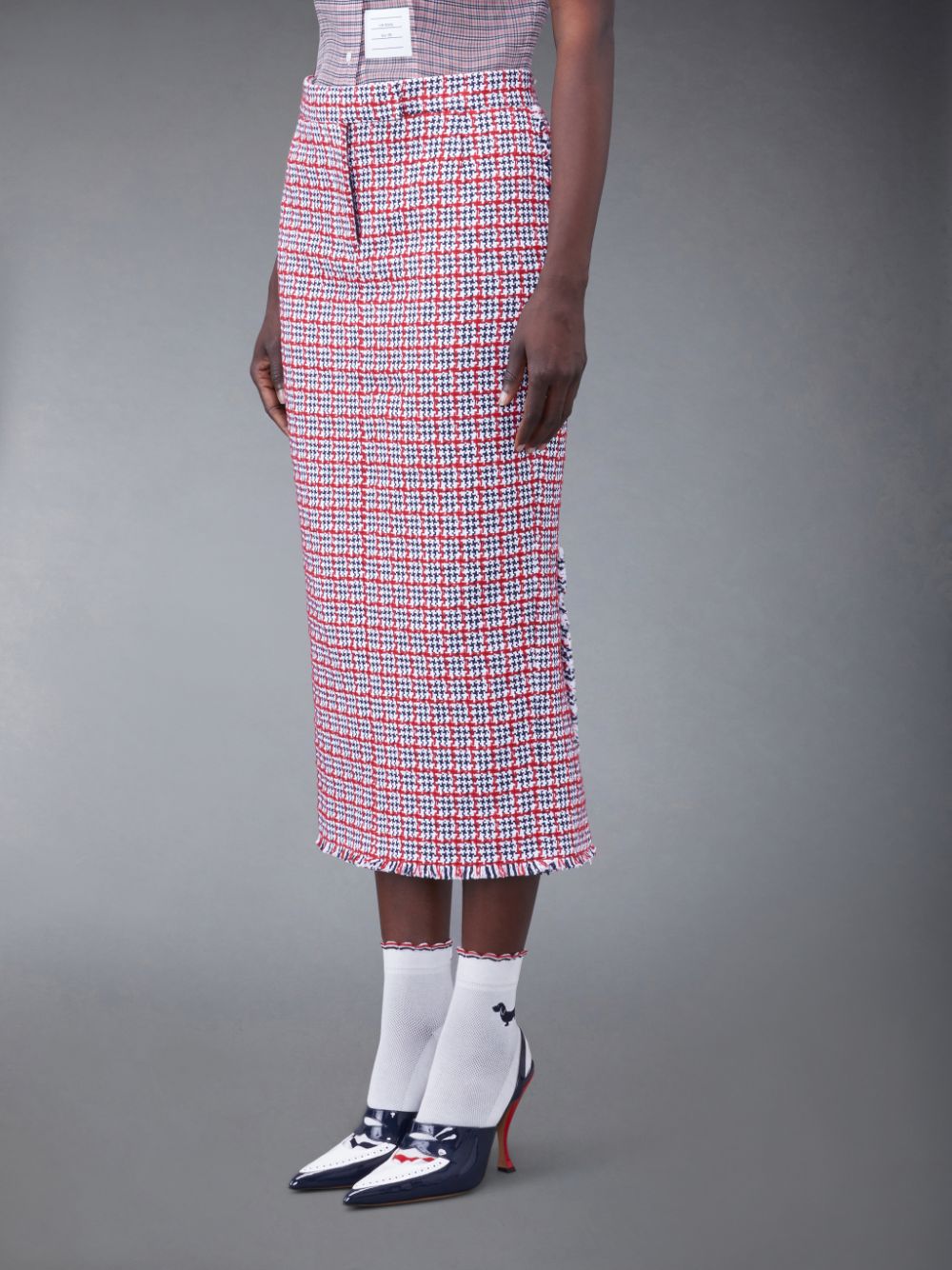Thom Browne Check Summer Tweed Fray Maxi Low Rise Pencil Röcke Damen Weiß | JKR18L42271