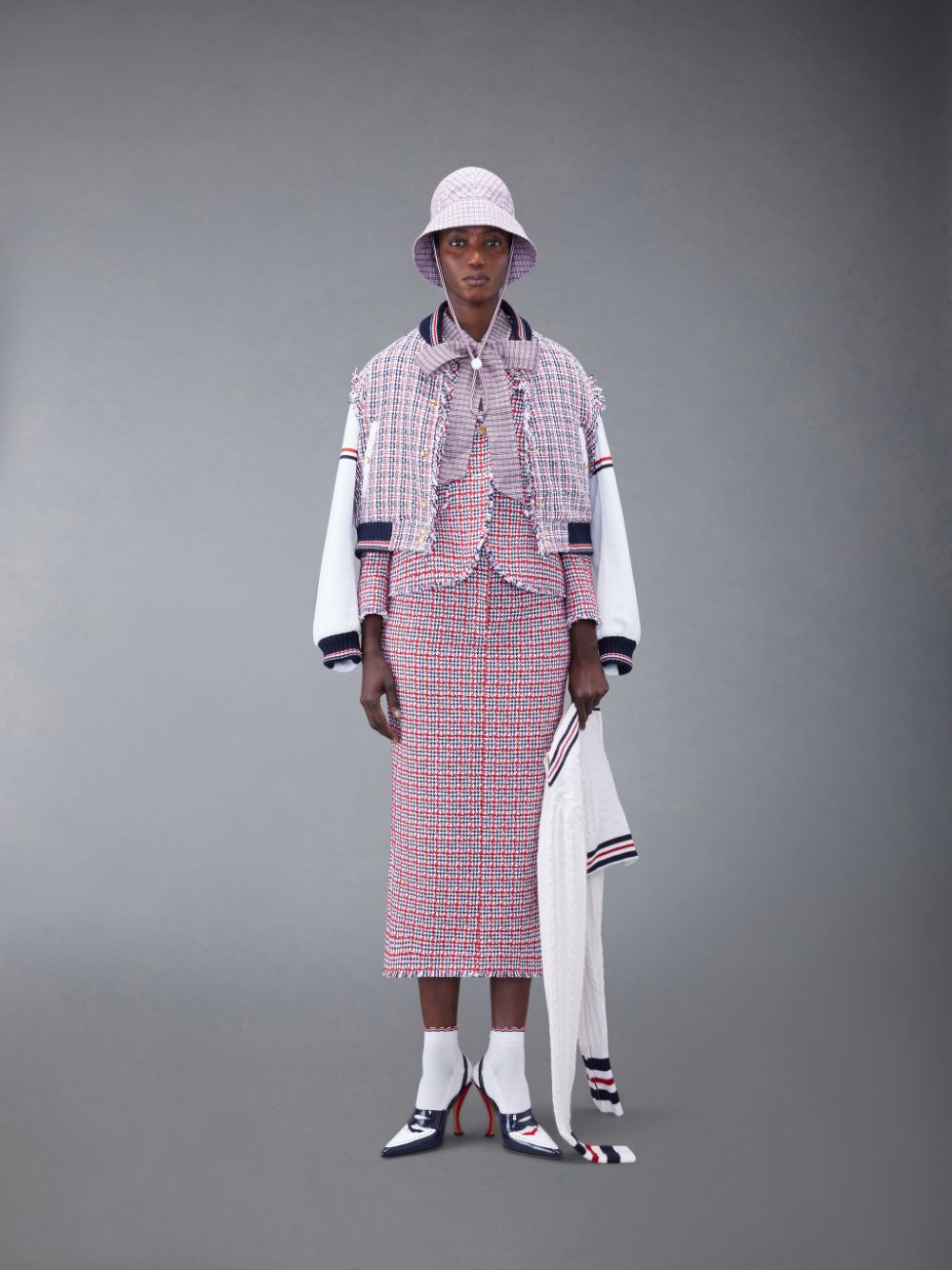 Thom Browne Check Summer Tweed Fray Maxi Low Rise Pencil Röcke Damen Weiß | JKR18L42271