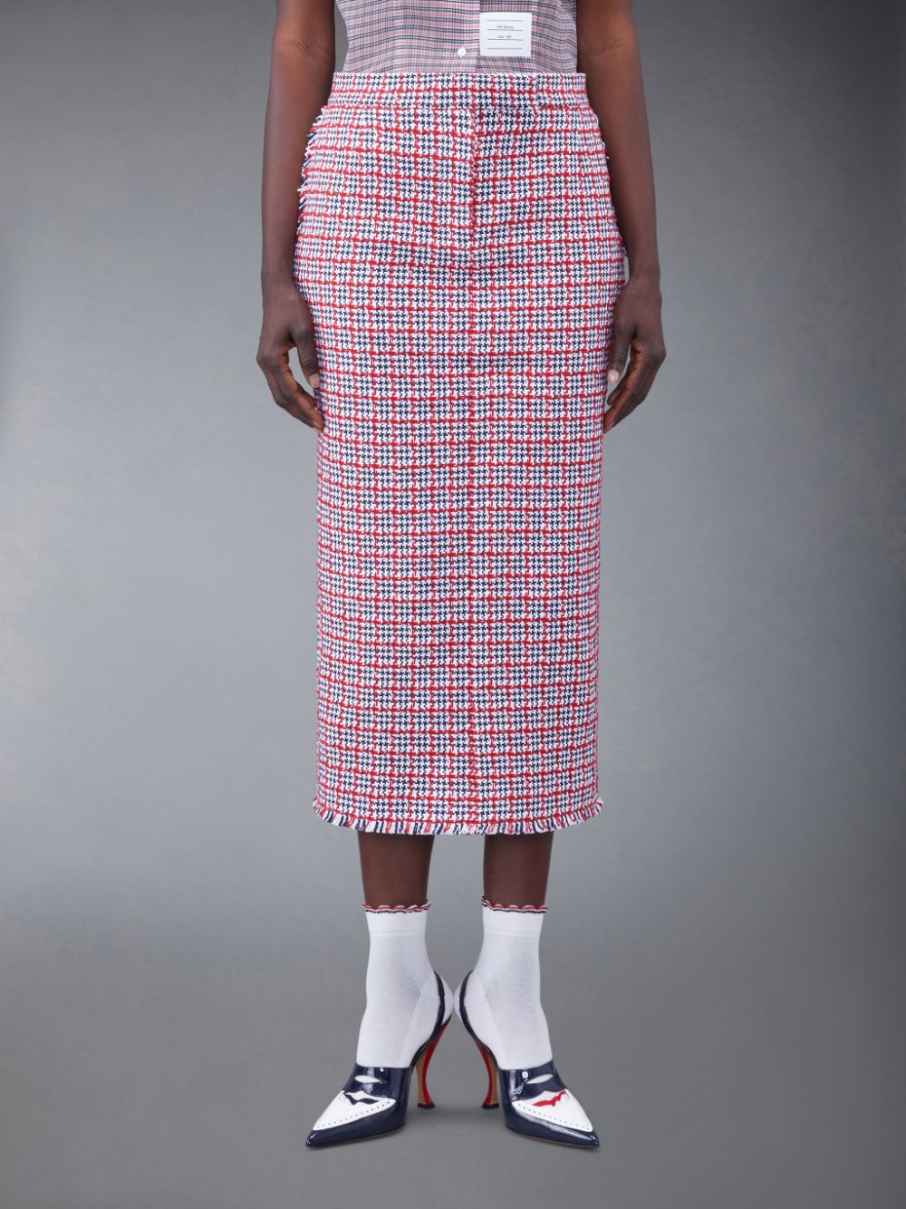 Thom Browne Check Summer Tweed Fray Maxi Low Rise Pencil Röcke Damen Weiß | JKR18L42271