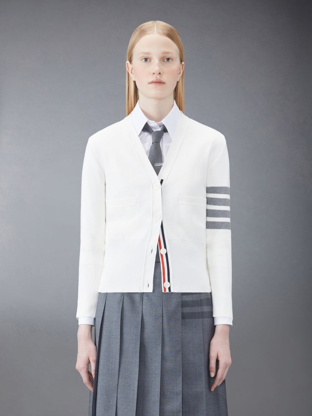 Thom Browne Cotton 4-Bar Milano Classic V-Neck Strickjacke Damen Weiß | WMT53C49494