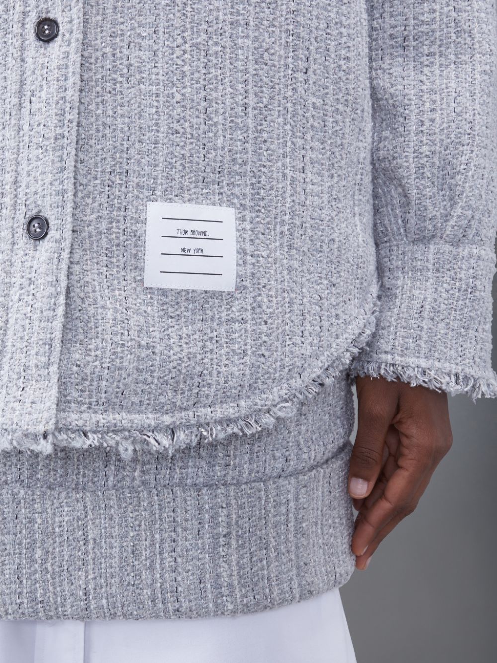 Thom Browne Downfill Tweed Fray 4-Bar Oversized Shirt Jacken Damen Grau | PQI36G58581