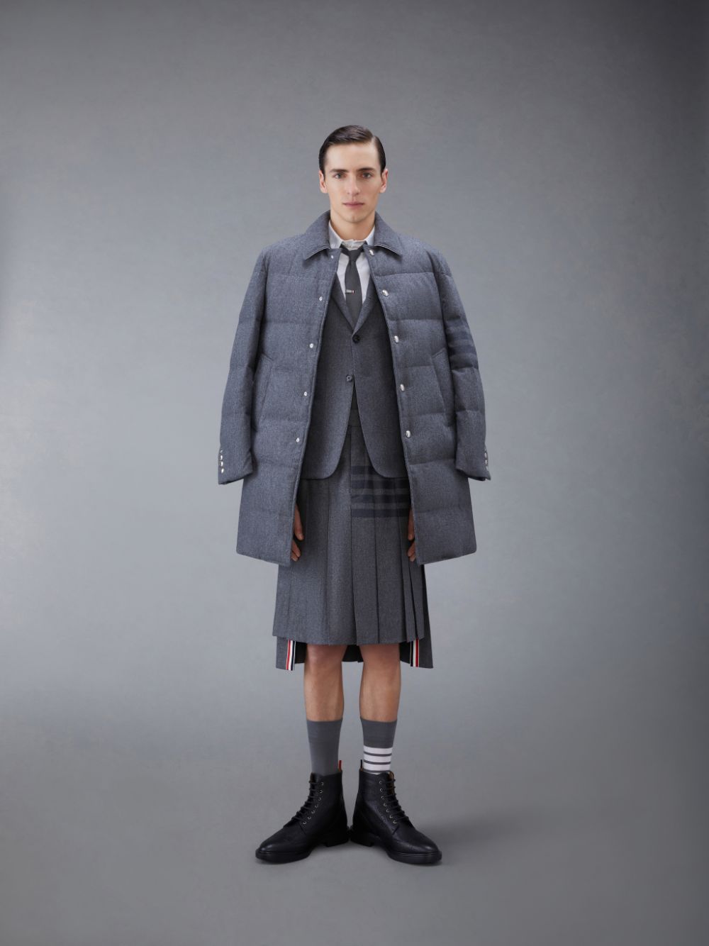 Thom Browne Downfilled Flannel 4-Bar Bal Collar Mäntel Herren Grau | PVH39U64200