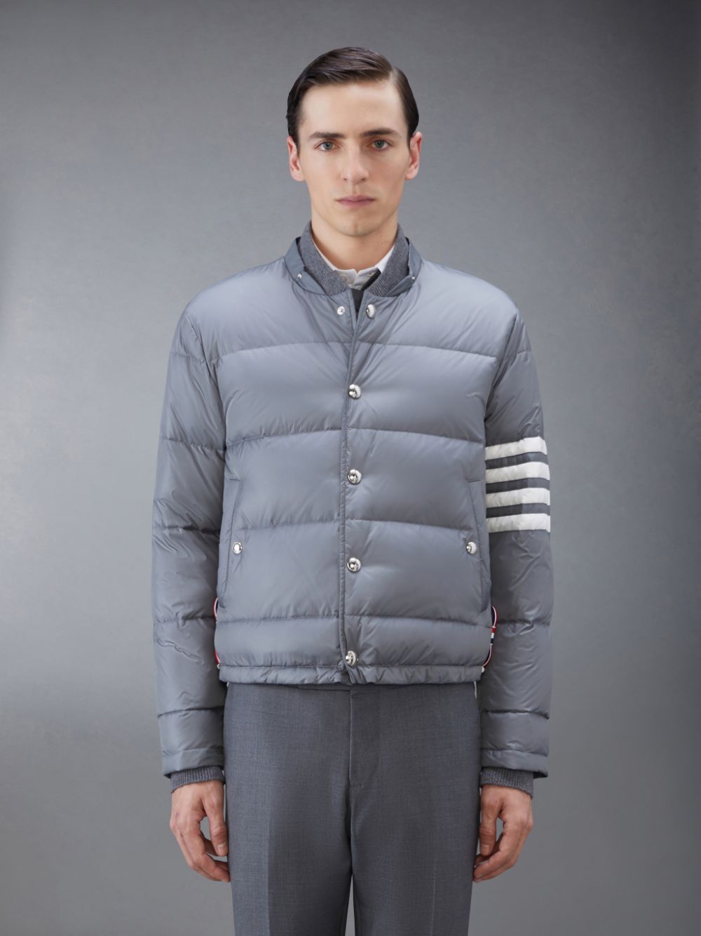 Thom Browne Downfilled Nylon 4-Bar Bomber Jacken Herren Grau | CZG01X45512