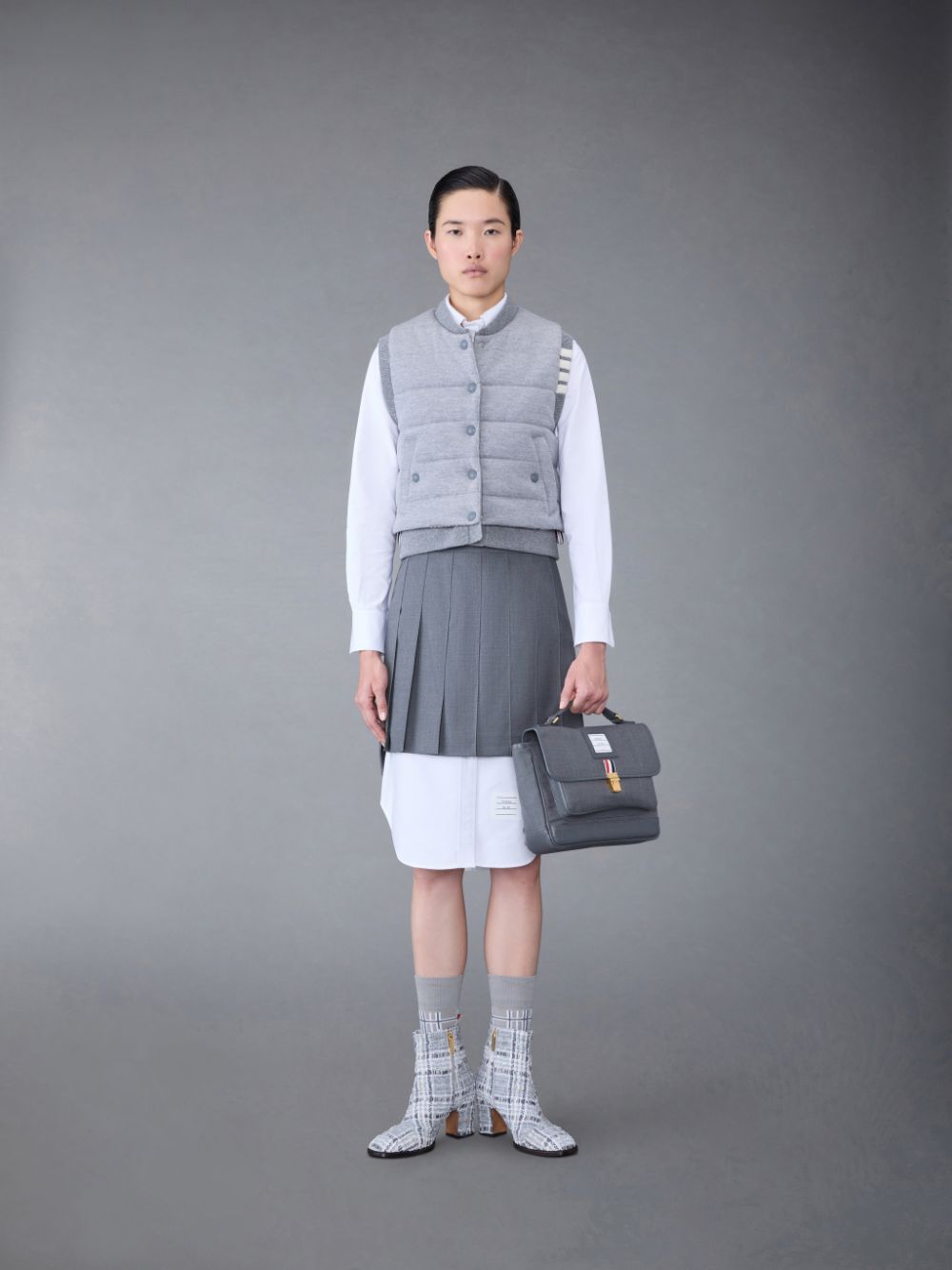 Thom Browne FINE MERINO AND JERSEY PADDED REVERSIBLE 4-BAR FUNNEL NECK Jacken Damen Grau | AUF66Q11259