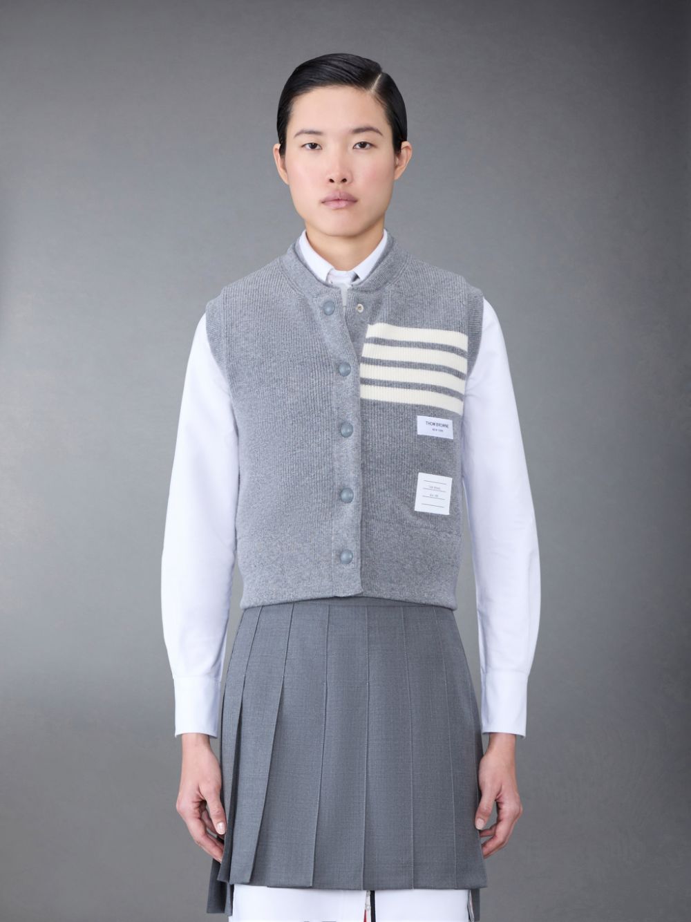 Thom Browne FINE MERINO AND JERSEY PADDED REVERSIBLE 4-BAR FUNNEL NECK Jacken Damen Grau | AUF66Q11259