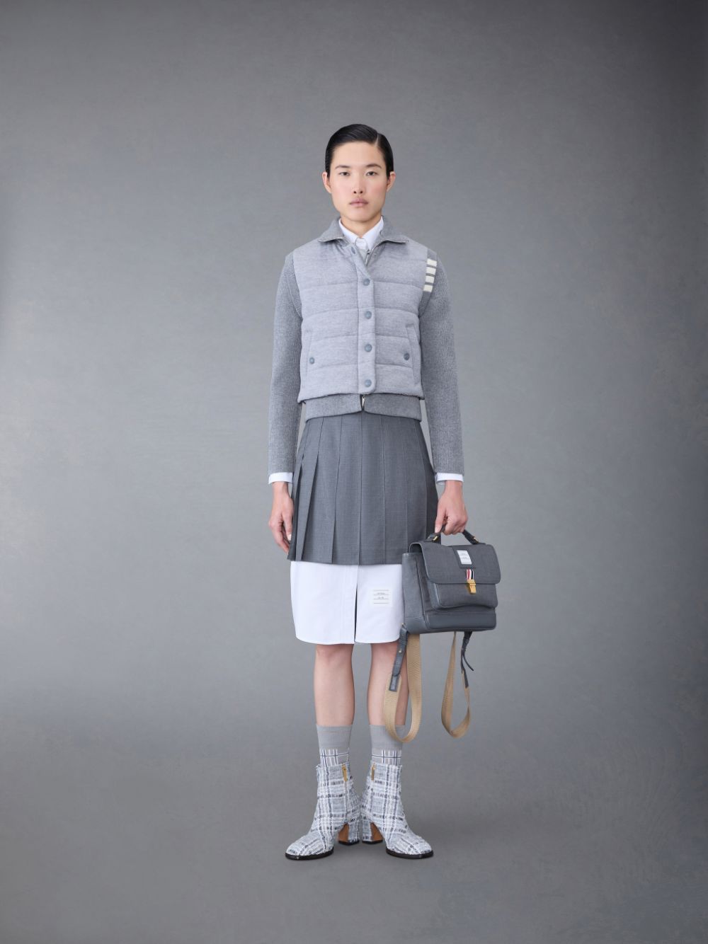 Thom Browne FINE MERINO AND JERSEY PADDED REVERSIBLE 4-BAR FUNNEL NECK Jacken Damen Grau | TNR22D48880