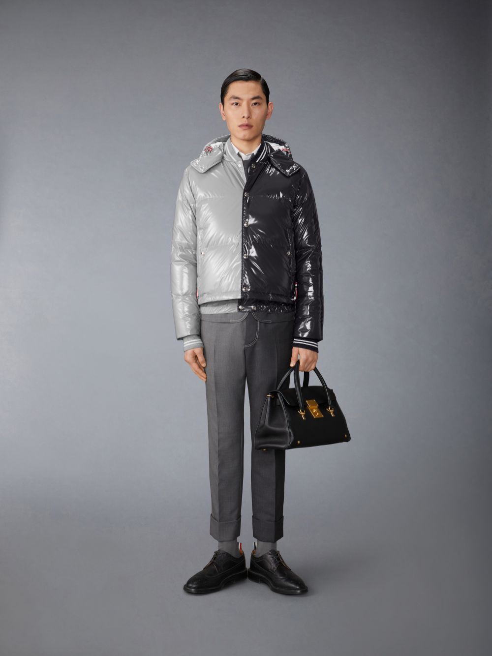 Thom Browne Funmix Glossy Tech Down Fill Detachable Hood Bomber Jacken Herren Grau | FOS38R01095