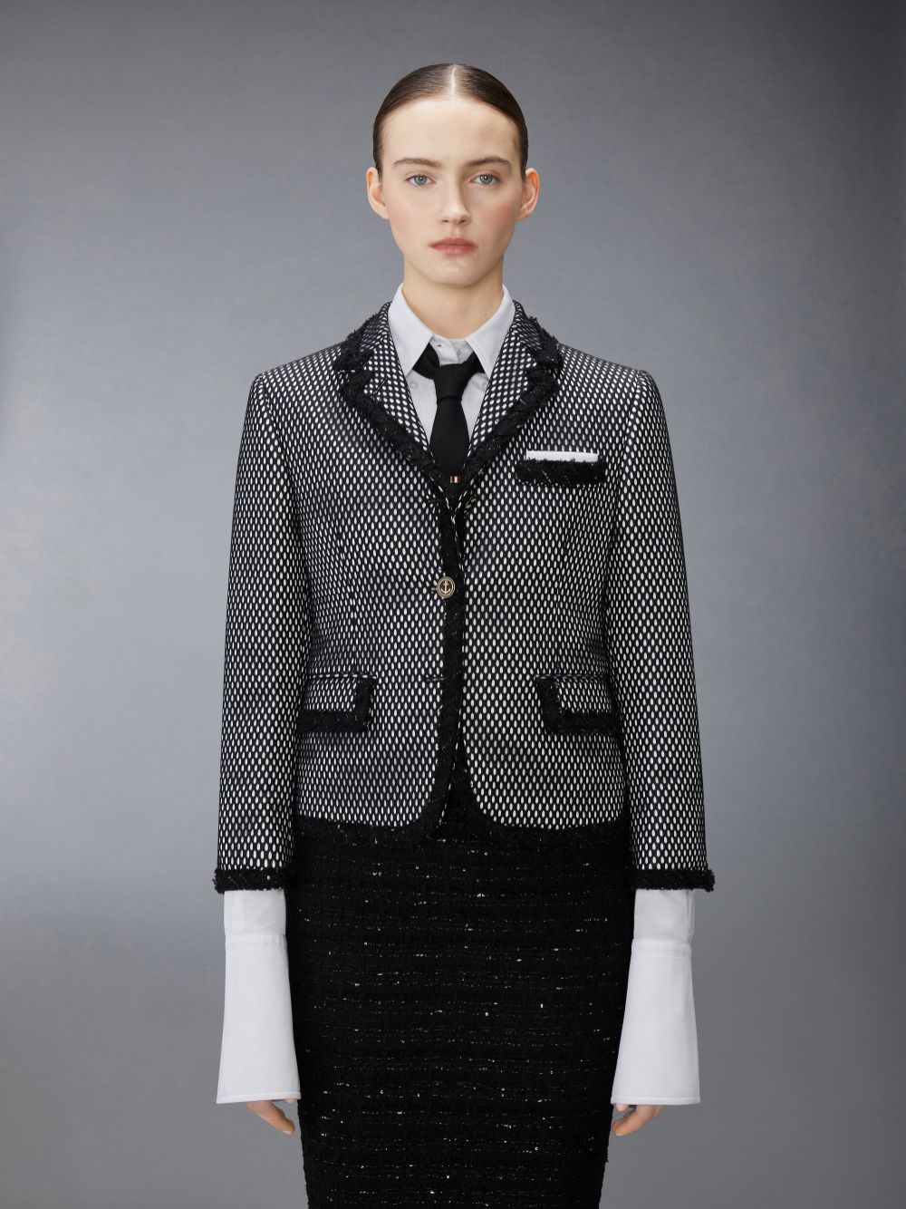 Thom Browne Heavy Athletic Mesh Raw Edge High Break Sport Mäntel Damen Schwarz | AUR68O36155