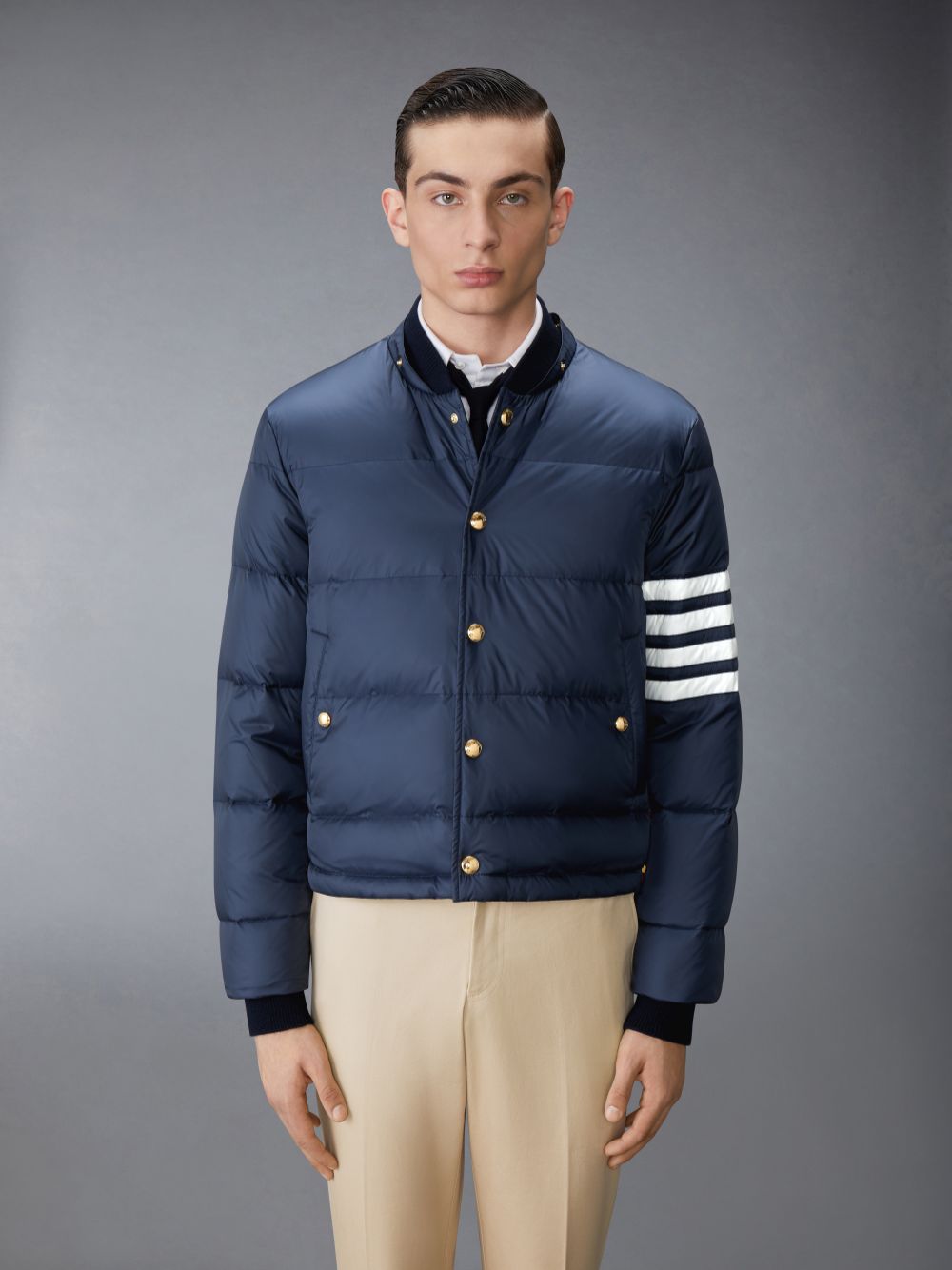 Thom Browne Matte Nylon 4-Bar Down Bomber Jacken Herren Navy | UQW38M34905