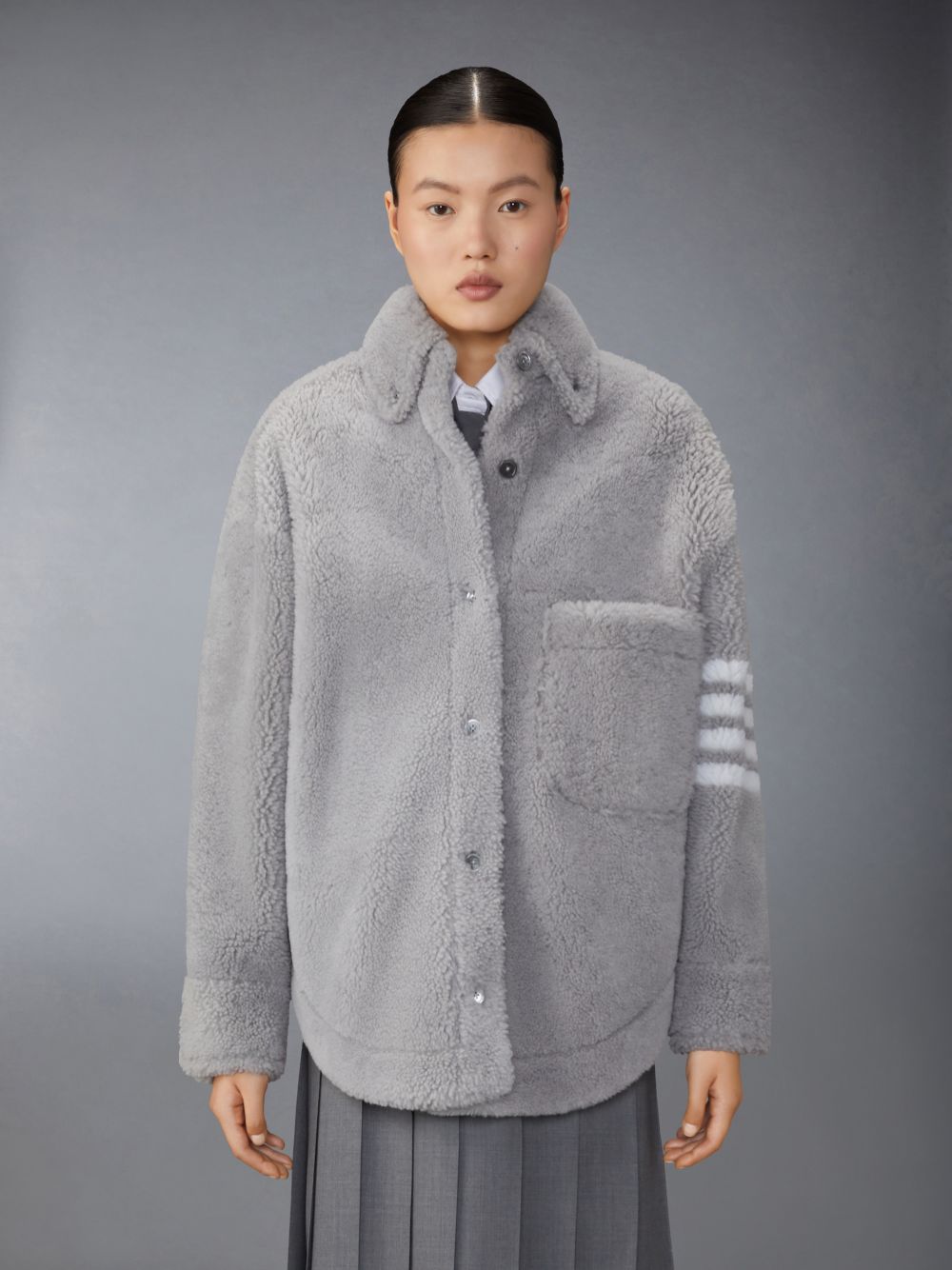 Thom Browne Medium Dyed Shearling 4-Bar Supersized Shirt Jacken Damen Grau | UGV50Z98595