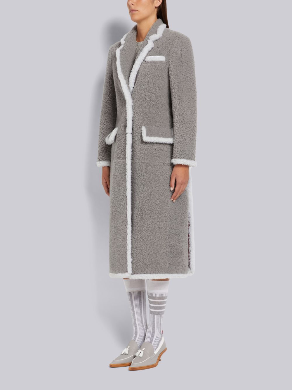 Thom Browne Medium Dyed Shearling Contrast Framing Wide Lapel Mäntel Damen Grau | OXN63K24281