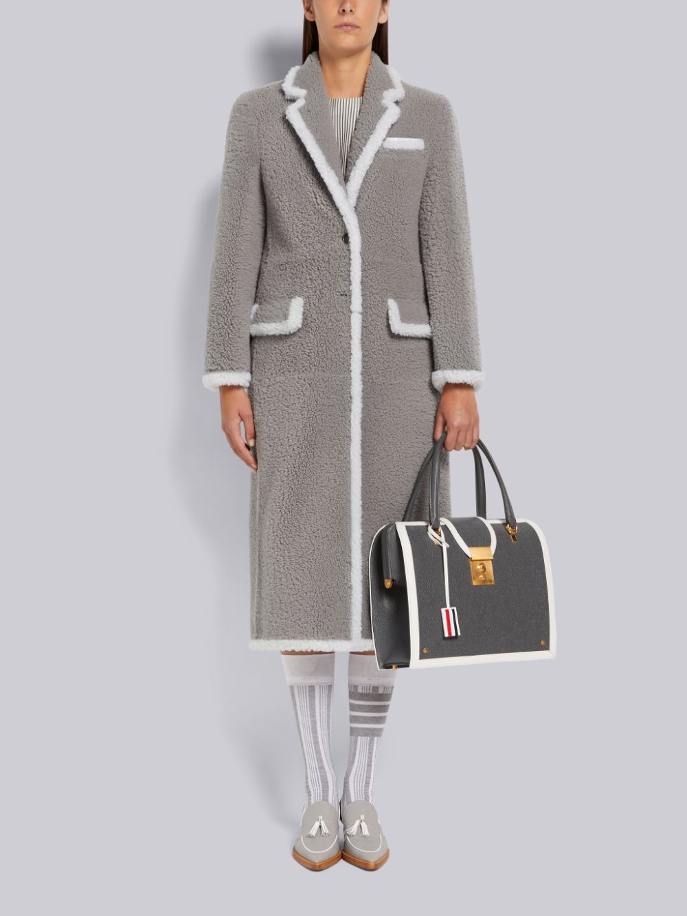 Thom Browne Medium Dyed Shearling Contrast Framing Wide Lapel Mäntel Damen Grau | OXN63K24281