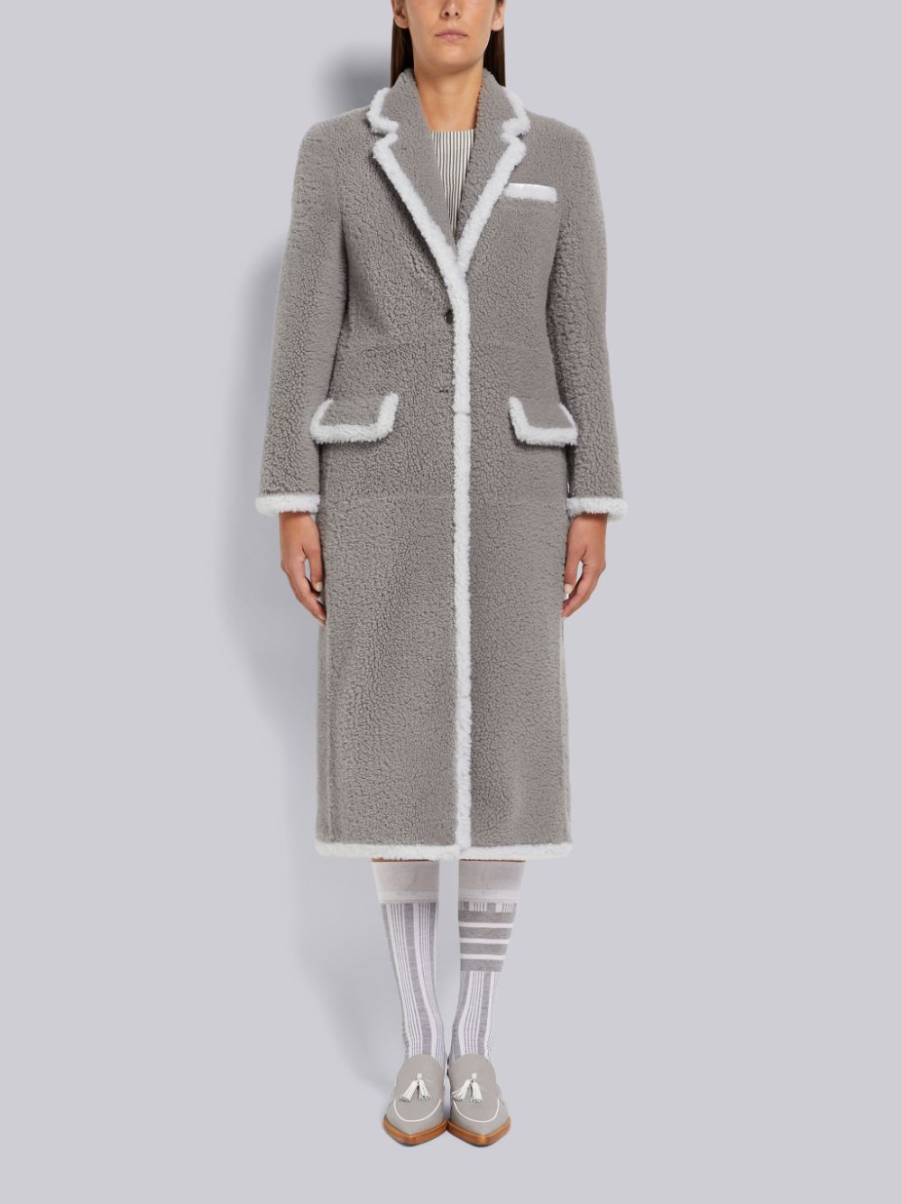Thom Browne Medium Dyed Shearling Contrast Framing Wide Lapel Mäntel Damen Grau | OXN63K24281