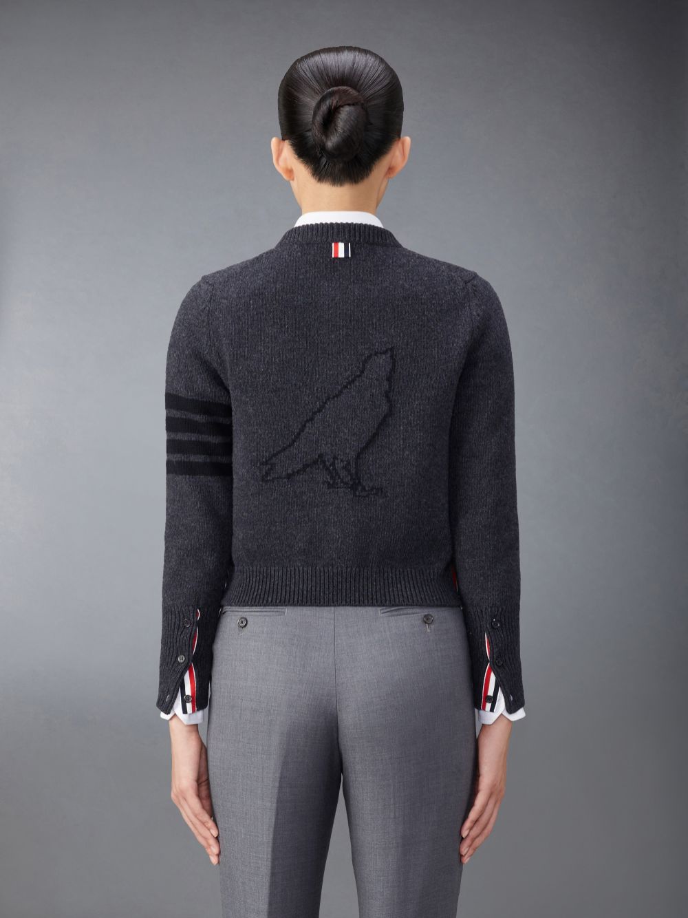 Thom Browne Merino Wool 4-Bar Raven Icon Strickjacke Damen Grau | NAN00G56008