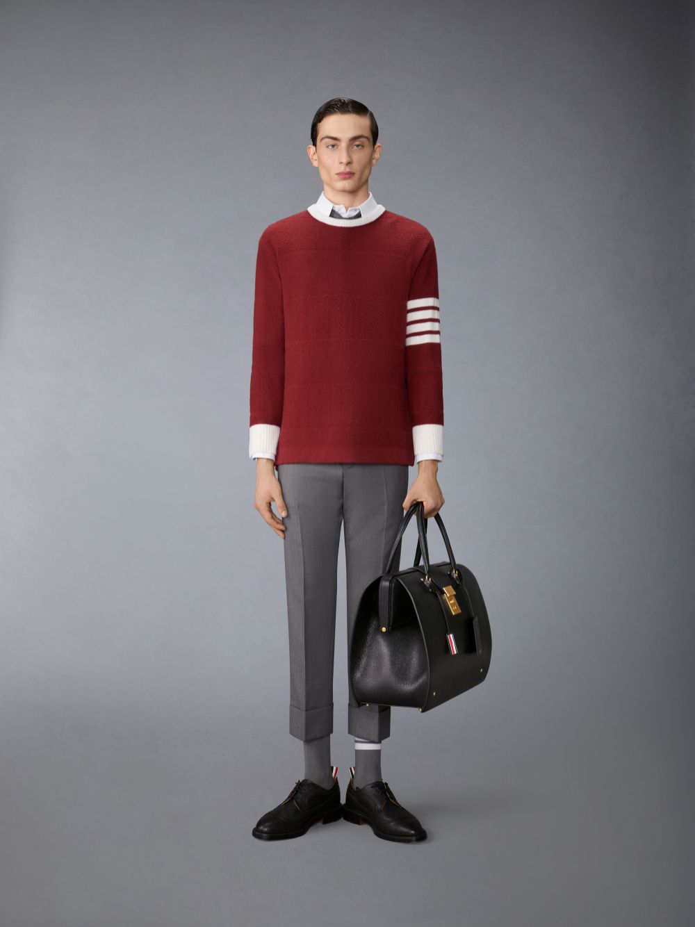 Thom Browne Merino Wool 4-Bar Textured Rugby Stripe Crew Neck Pullover Herren Rot | CZF05N29658