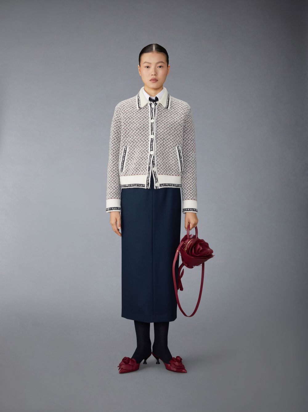 Thom Browne Merino Wool Boucle and Mohair Tweed Jacquard Polo Collar Bomber Jacken Damen Weiß | UVL84H48980