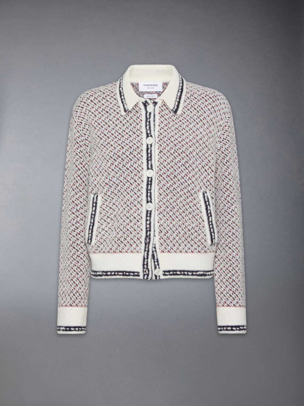 Thom Browne Merino Wool Boucle and Mohair Tweed Jacquard Polo Collar Bomber Jacken Damen Weiß | UVL84H48980