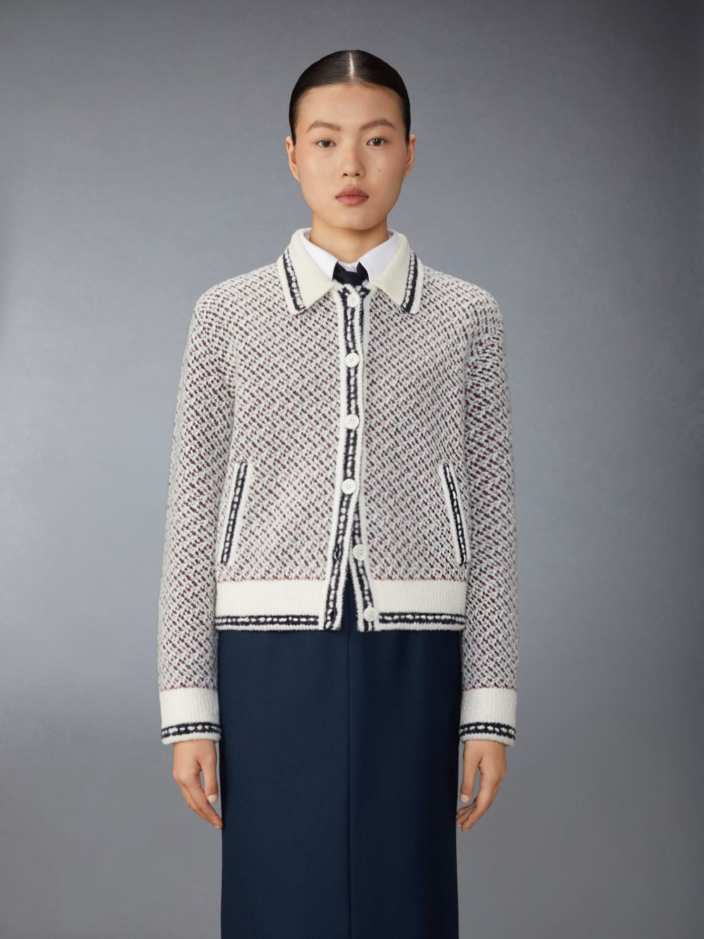 Thom Browne Merino Wool Boucle and Mohair Tweed Jacquard Polo Collar Bomber Jacken Damen Weiß | UVL84H48980