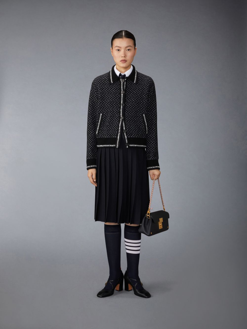 Thom Browne Merino Wool Boucle and Mohair Tweed Jacquard Polo Collar Bomber Jacken Damen Schwarz | BGC92F37532