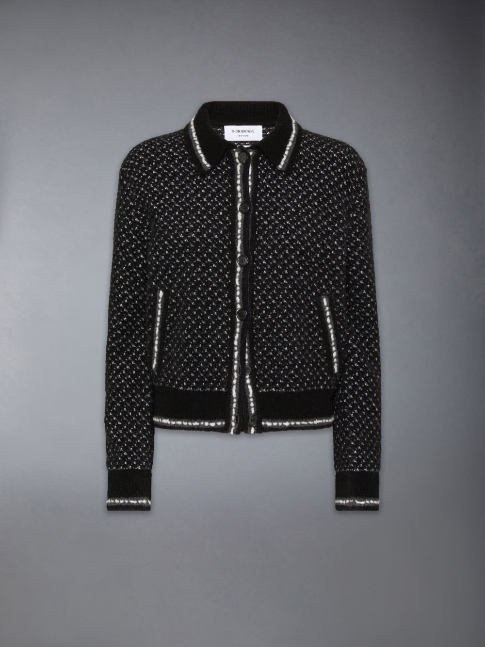 Thom Browne Merino Wool Boucle and Mohair Tweed Jacquard Polo Collar Bomber Jacken Damen Schwarz | BGC92F37532