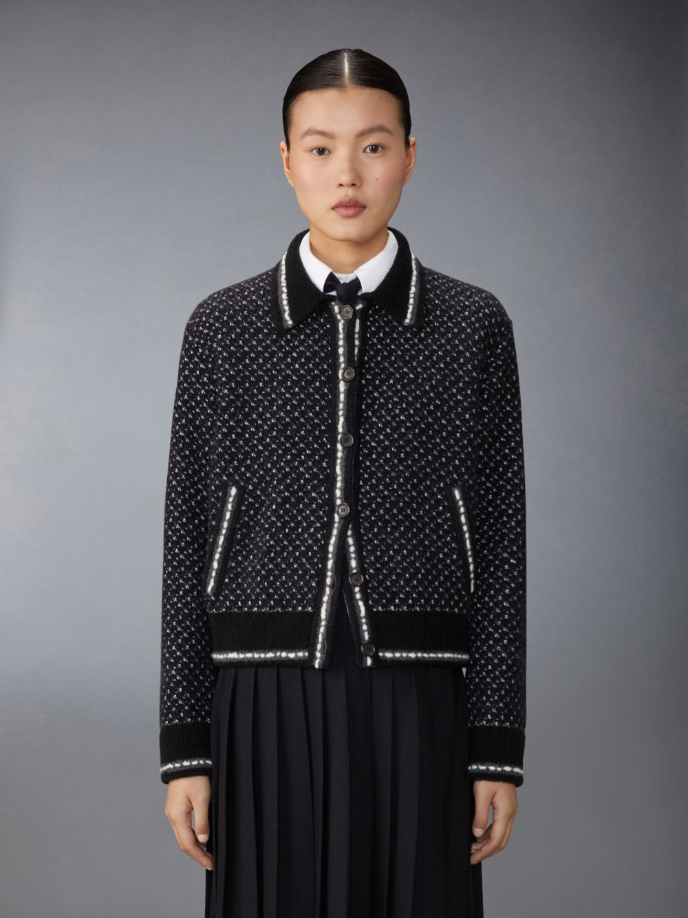 Thom Browne Merino Wool Boucle and Mohair Tweed Jacquard Polo Collar Bomber Jacken Damen Schwarz | BGC92F37532