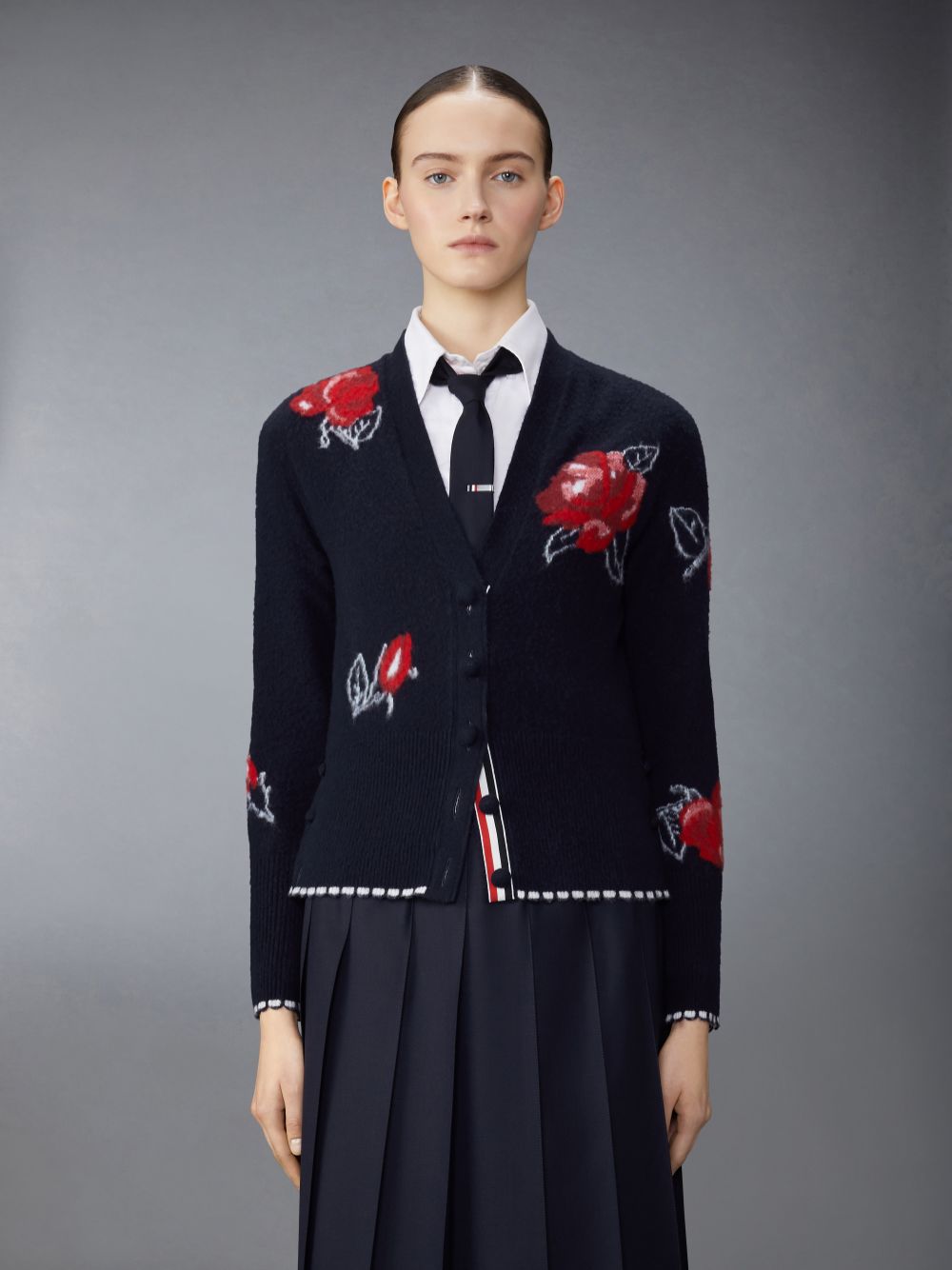 Thom Browne Merino Wool Brushed Rose Strickjacke Damen Blau | JCU64Y42512