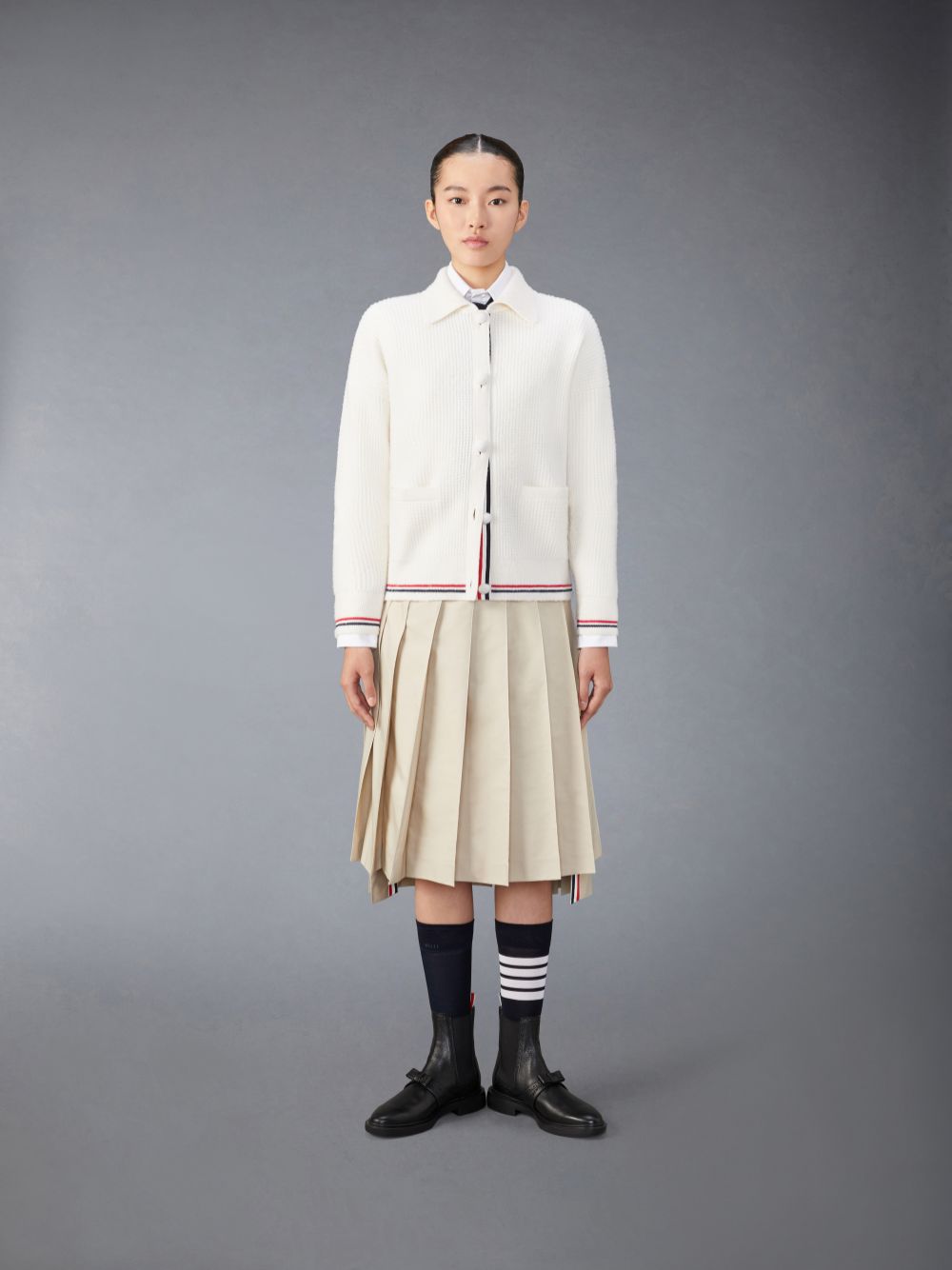 Thom Browne Merino Wool Brushed Tuck Stitch Polo Strickjacke Damen Weiß | UCH73A25801